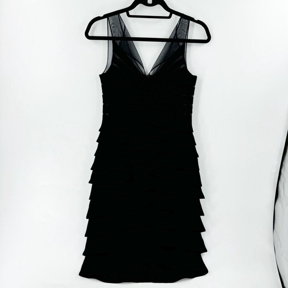 ✅ Eliza J BLACK Illusion Top Tiered Ruffle Dress 6 MESH TOP KEYHOLE BACK WEDDING